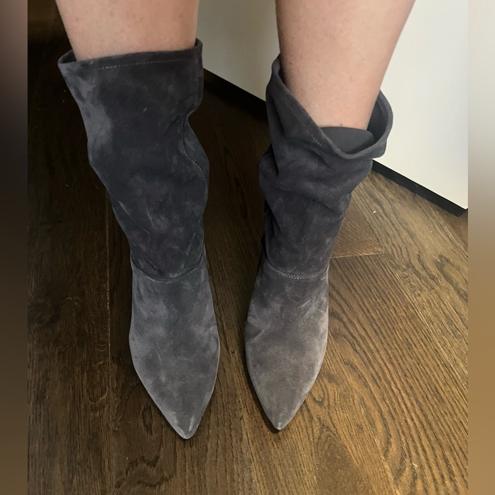 All Saints Gray Suede Slouch Pointed-Toe Heeled Boots